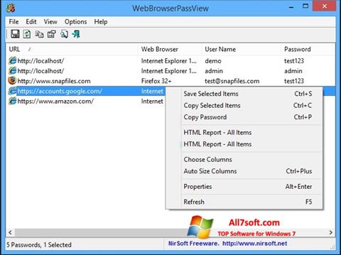 Ekrano kopija WebBrowserPassView Windows 7