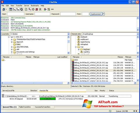 Ekrano kopija FileZilla Windows 7
