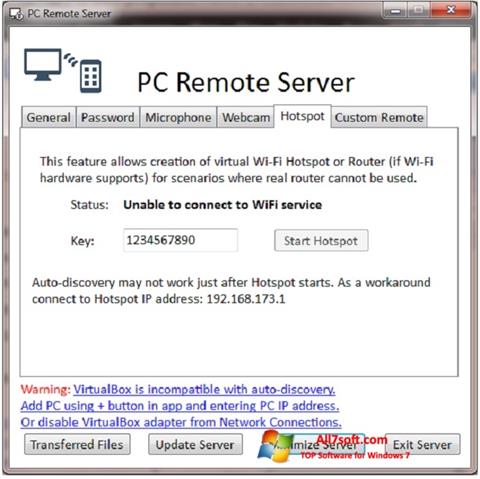 Ekrano kopija PC Remote Server Windows 7