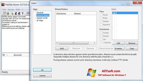 Ekrano kopija FileZilla Server Windows 7