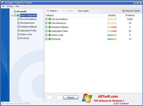 Ekrano kopija Auslogics Registry Cleaner Windows 7