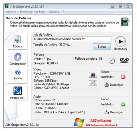 Ekrano kopija VideoInspector Windows 7