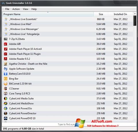Ekrano kopija Geek Uninstaller Windows 7