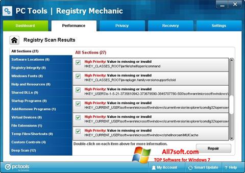 Ekrano kopija Registry Mechanic Windows 7