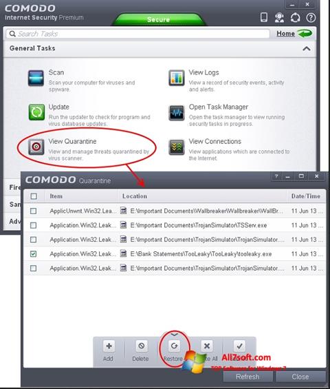 Ekrano kopija Comodo Internet Security Windows 7