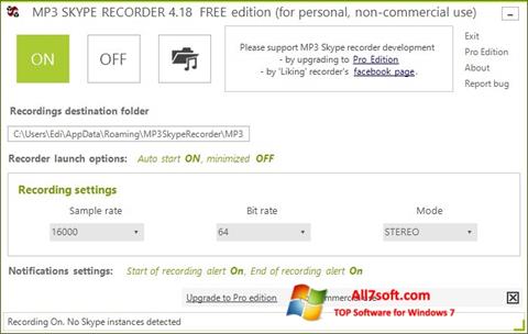 Ekrano kopija MP3 Skype Recorder Windows 7