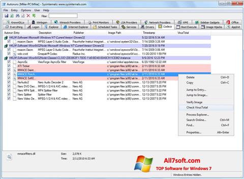 Ekrano kopija AutoRuns Windows 7