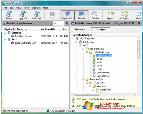 Ekrano kopija Total Uninstall Windows 7
