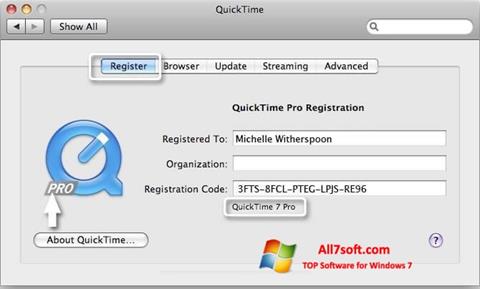Ekrano kopija QuickTime Pro Windows 7