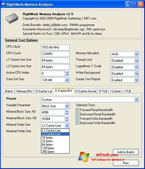 Ekrano kopija RightMark Memory Analyzer Windows 7