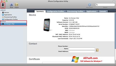 Ekrano kopija iPhone Configuration Utility Windows 7