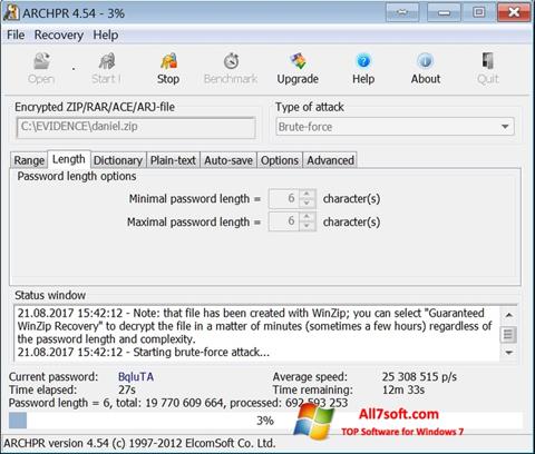Ekrano kopija Advanced Archive Password Recovery Windows 7